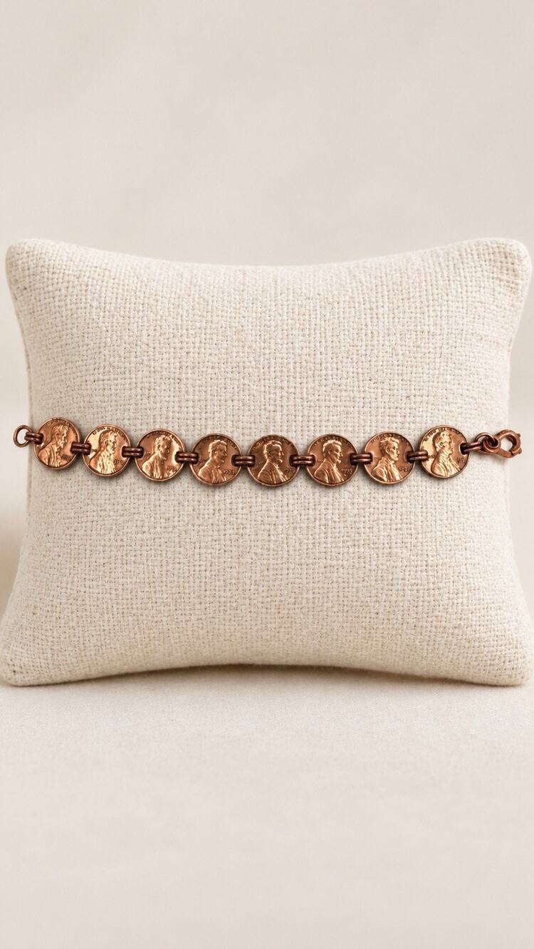 Vintage American Coin Penny Sunrise Copper Bracelet Used 7.5” 76-81